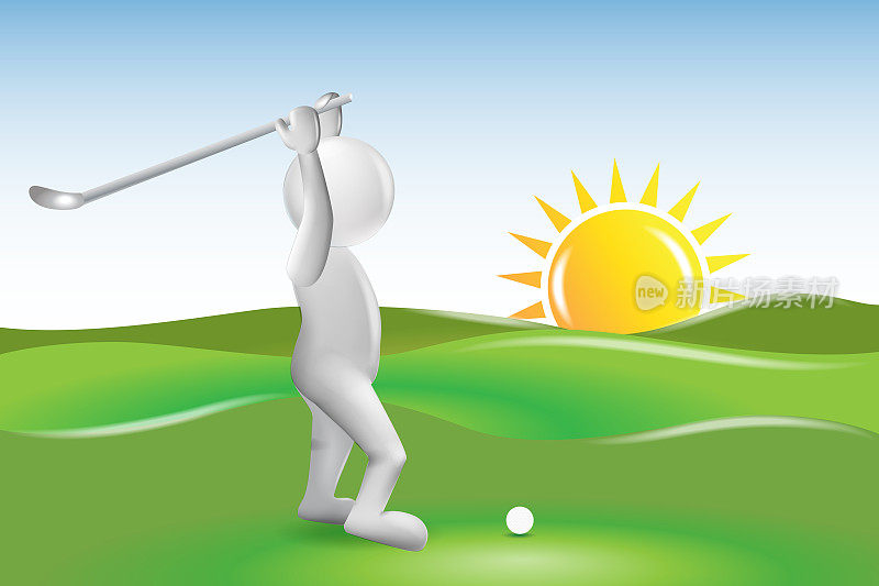 3 d小人物。高尔夫球手在阳光下的矢量图像
